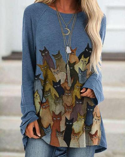 Casual Loose Cat Print Round Neck Long Sleeve T-shirt