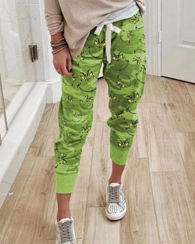 Christmas Printed Paneled Self-tie Pants