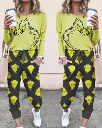 Christmas Grinch Stole Print T-shirt With Pants Tracksuits Two-pieces Set