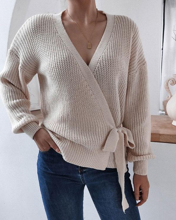 Women's Fashion V-neck Lace up Plain Color Sweater