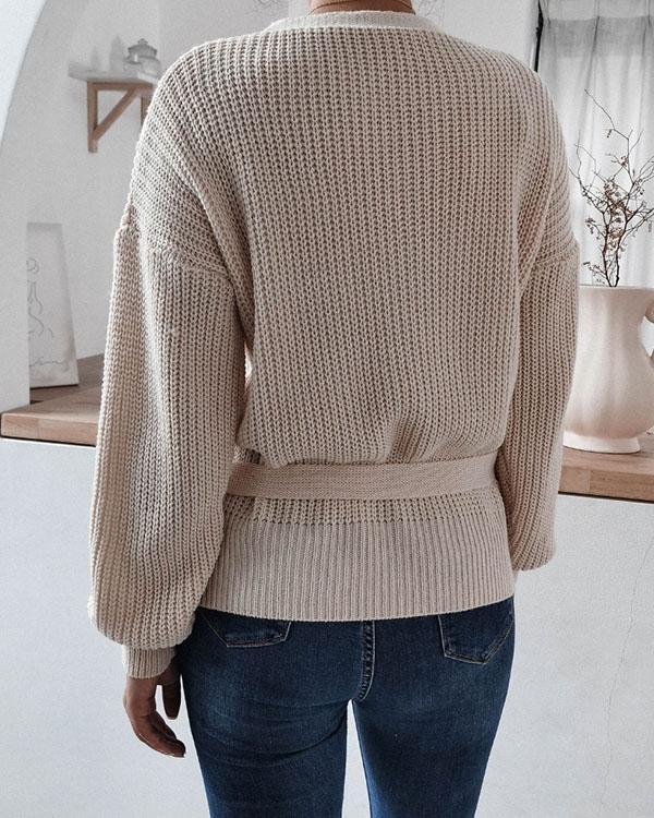 Women's Fashion V-neck Lace up Plain Color Sweater