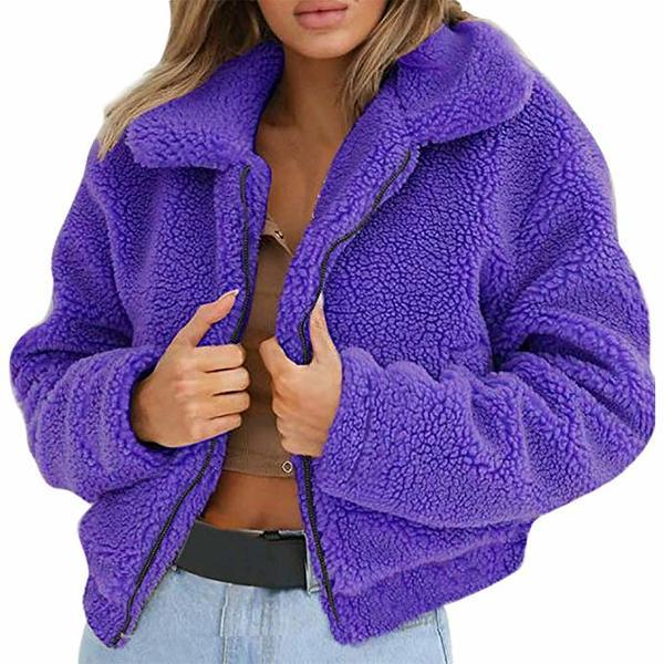 Women's Fashion Long Sleeve Lapel Zip up Faux Shearling Shaggy Oversized Coat Jacket