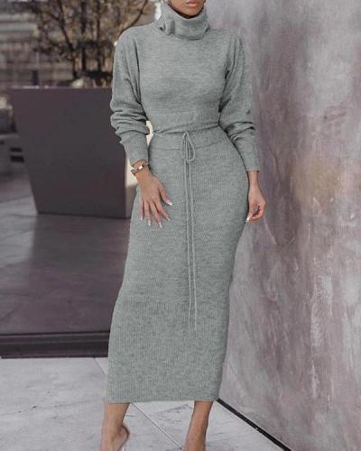 Women's Fashion Solid Turtle Neck Sweater Hip Skirt Set