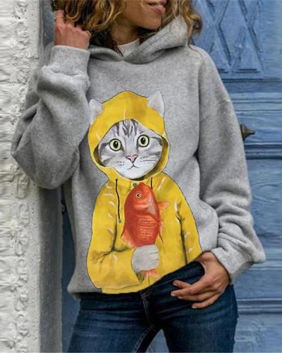 Cartoon Cat Print Long Sleeve Casual Hoodie For Women