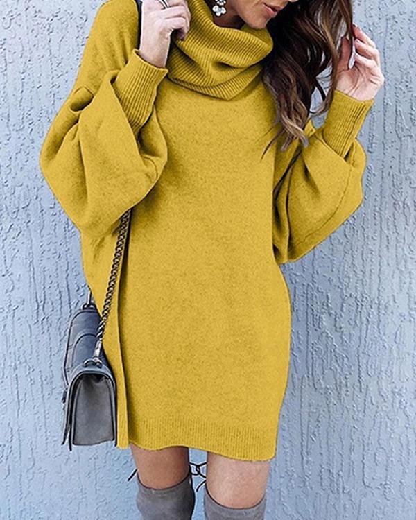 Casual Solid High Neck Loose Fit Lantern Sleeve Sweater Dress