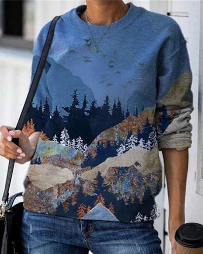 Landscape Print O-neck Long Sleeve Casual Sweatshirt For Women