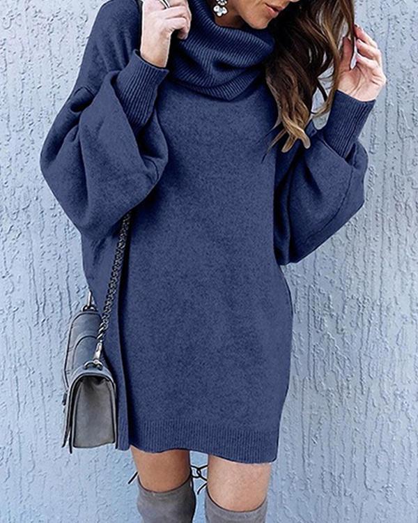 Casual Solid High Neck Loose Fit Lantern Sleeve Sweater Dress