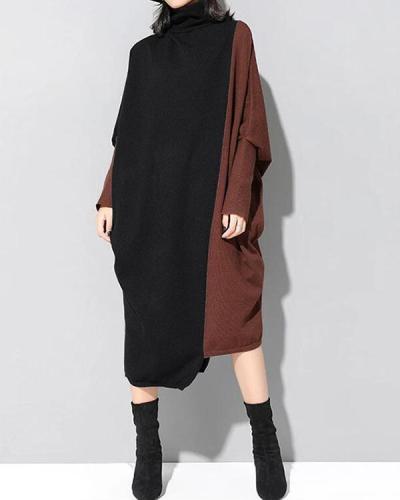 Women Autumn Color Block Long Sleeve Knitted Dress