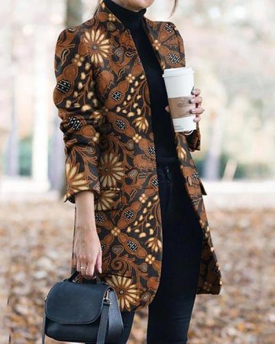 Vintage Print Collarless Buttons Pockets Blazer&Coat
