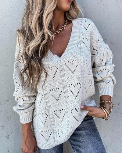 Women's Basic Hollow Out Solid Color Long Sleeve Loose Sweater