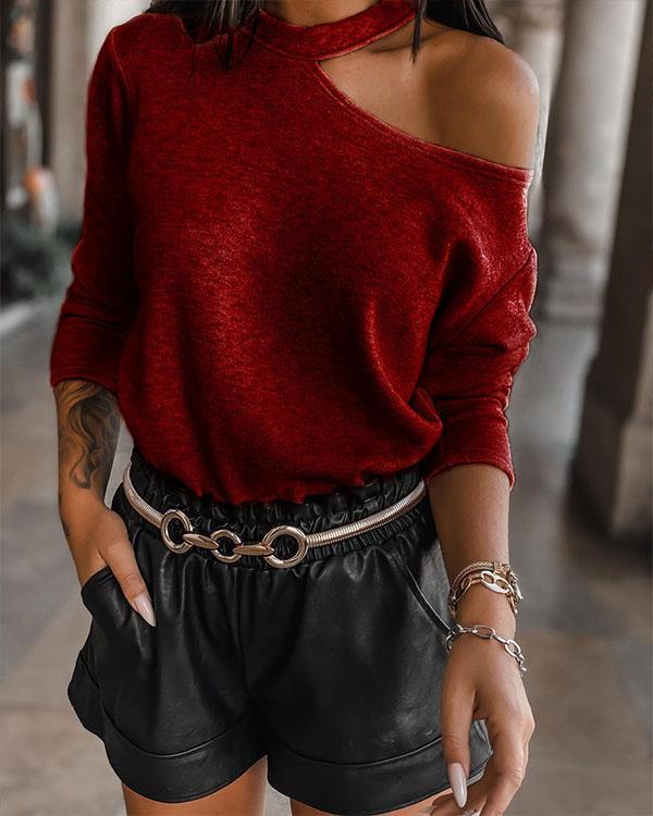 Fashion Solid Hollow Out Shoulder Long Sleeve Blouse