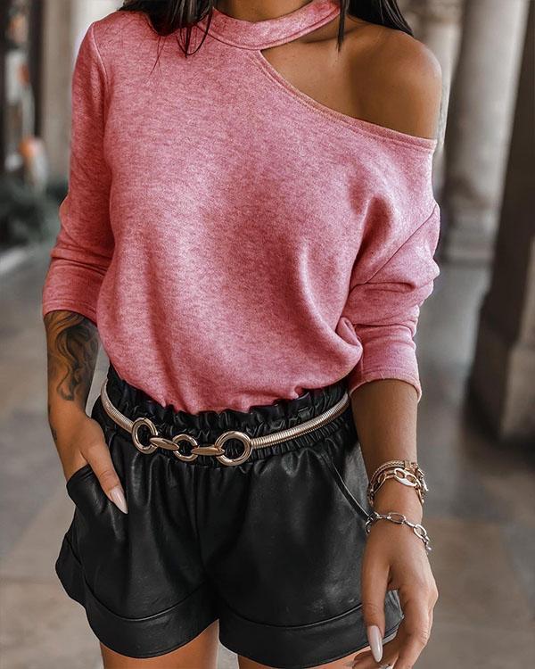 Fashion Solid Hollow Out Shoulder Long Sleeve Blouse