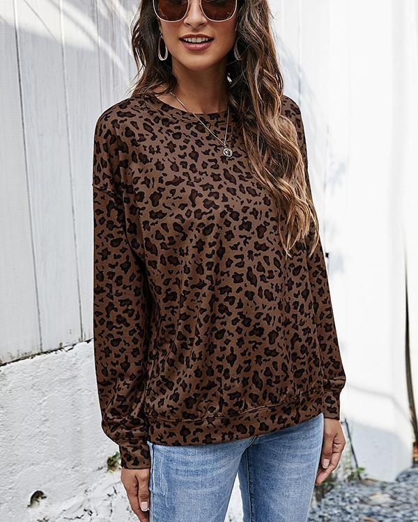 Round Neck Leopard Print Pullover Loose Tops