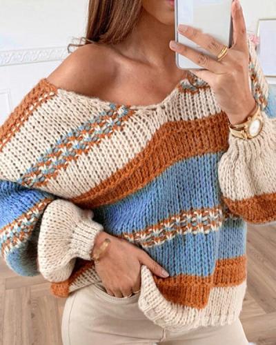 Casual Loose Colorful Knitted Sexy V-Neck Sweater