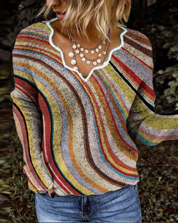 Women Exotic V Neck Long Sleeve Stripes Sweater