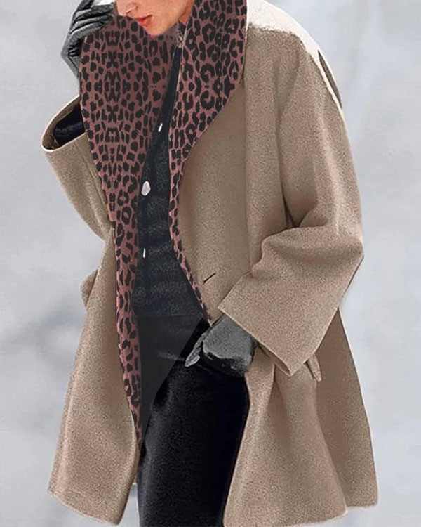 Vintage Leopard Print Lining Solid Overcoat
