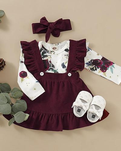 Toddler Floral Print Bodysuit, Suspender Skirt and Headband Set