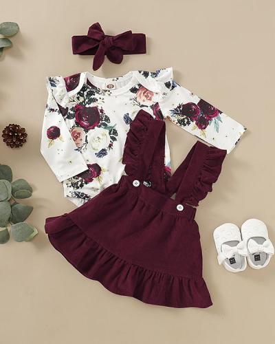 Toddler Floral Print Bodysuit, Suspender Skirt and Headband Set