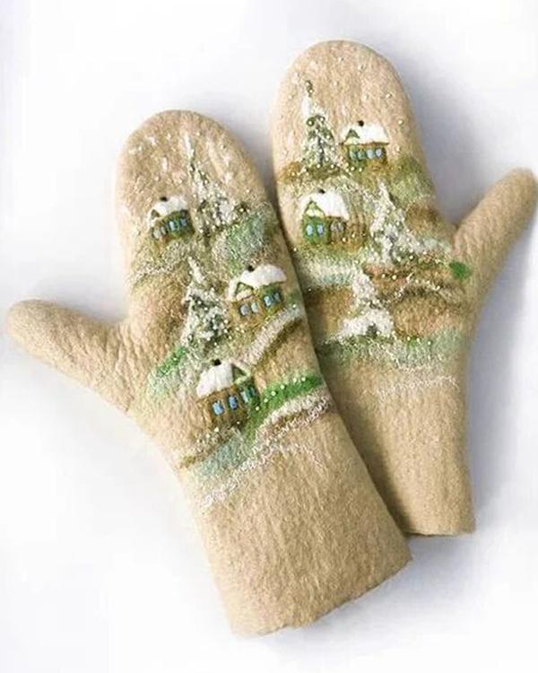 Wool Cotton Print Skiing Gloves