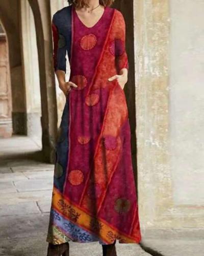 Casual Color Block Shirt Round Neckline Maxi Dress