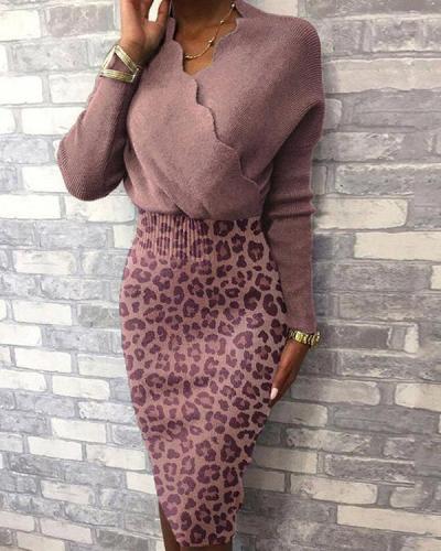 Leopard Long Sleeves Bodycon Knee Length Casual Sweater Dresses