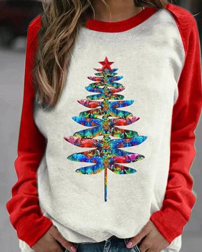 Colorful Gradient Dragonfly Christmas Tree Print Raglan Sleeves Color-block T-shirt
