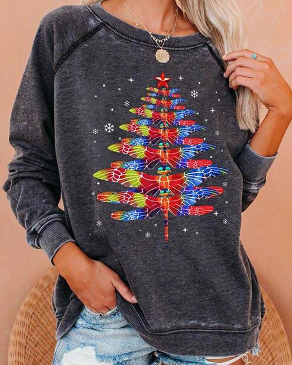Christmas Tree Dragonfly Print Sweatshirt