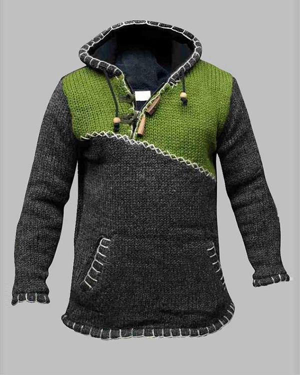Color Block Pocket Hooded Vintage Straight Sweater