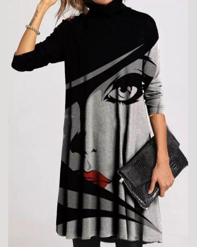 Casual Character/Flower Print Tunic Turtleneck A-line Dress