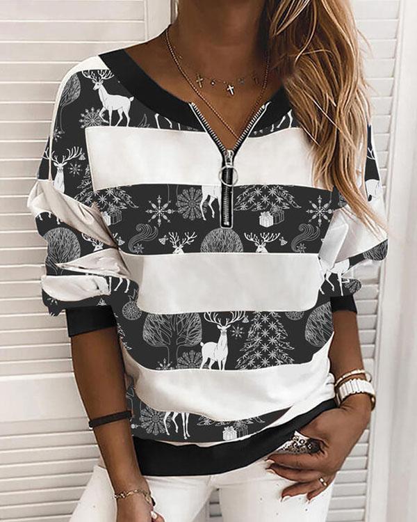 Fashion Christmas Stripe Zipper Neck Sweatshirt