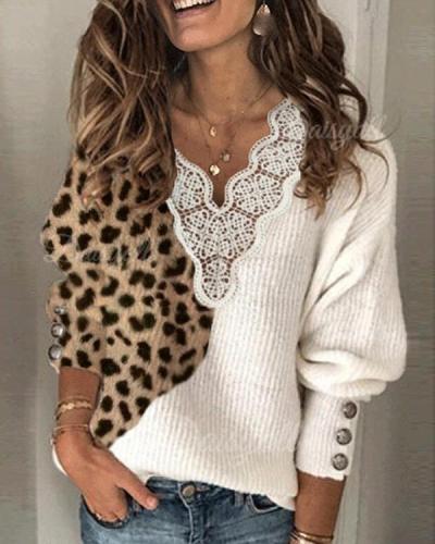 Women Leopard Lace V-Neck Casual Sweaters