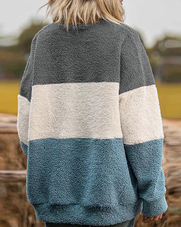 Colorblock Long Sleeve Casual Teddy Sweatshirt