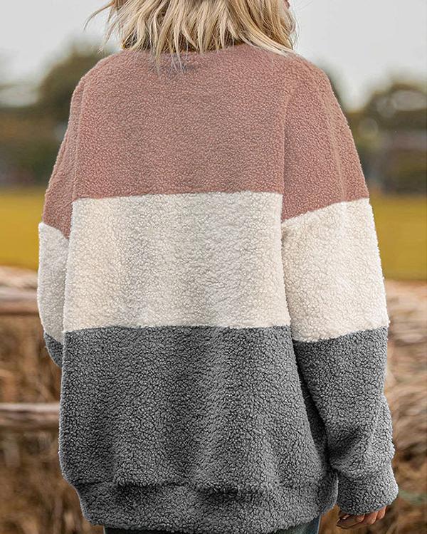 Colorblock Long Sleeve Casual Teddy Sweatshirt