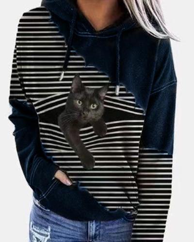 Women Fashion Cat Print Drawstring Hoodies