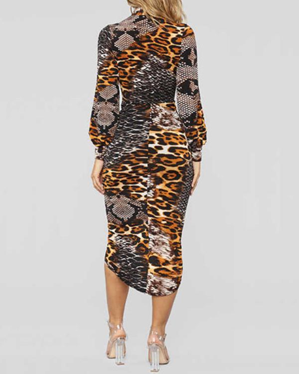 Deep V Leopard Print Long Sleeve Dress
