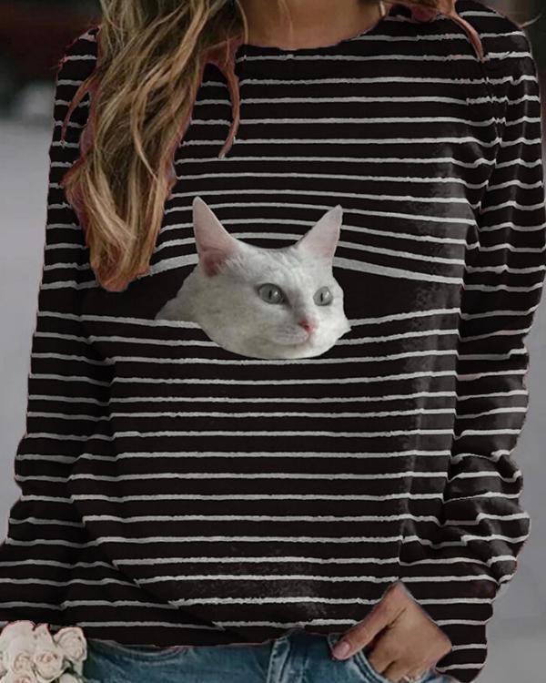Cat Print Long Sleeve Casual Striped Sweatshirt For Women