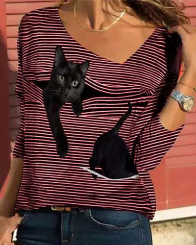 Cartoon Cat Striped V-neck Long Sleeve T-shirt