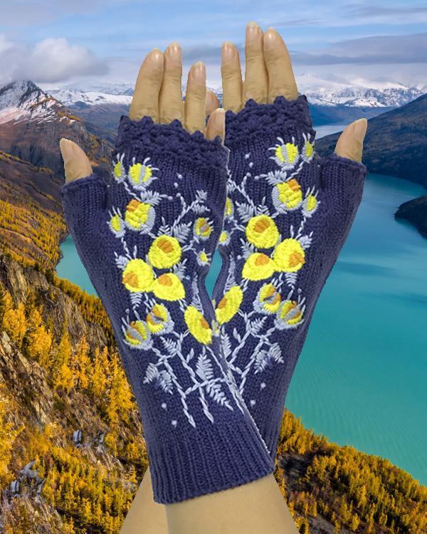 Embroidered Flower Knitted Gloves Handwarmers