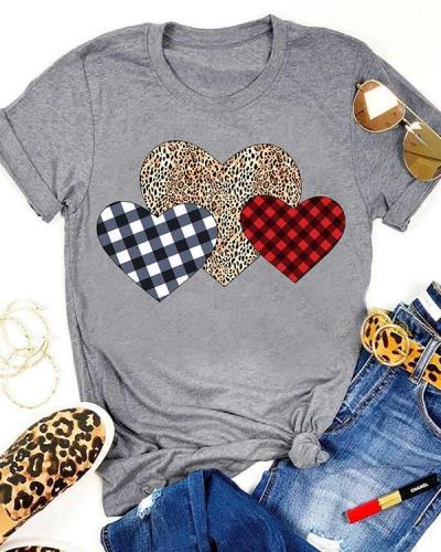 Valentine Plaid Leopard Printed Splicing Heart T-Shirt Tee