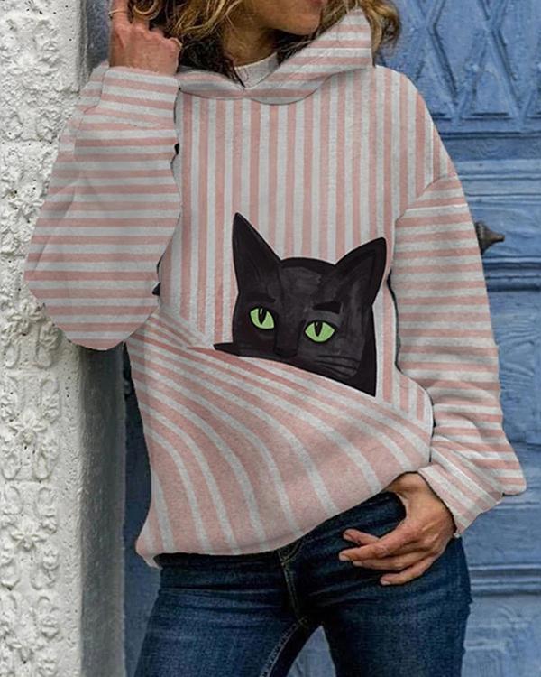 Women's  Cat Print Long Sleeve Pink Striped Hoodies