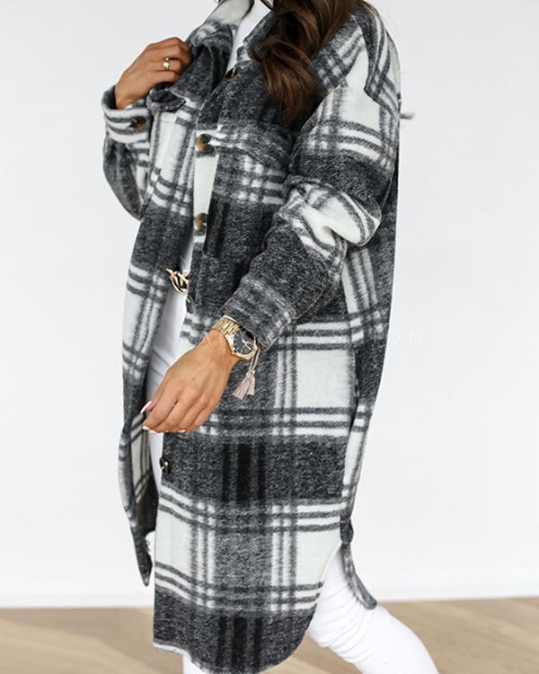 Women Fashion Plaid Pockets Winter Long Overcoat