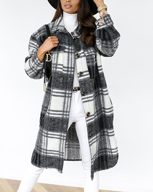 Women Fashion Plaid Pockets Winter Long Overcoat