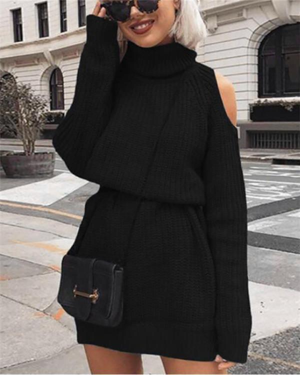 Turtleneck Hollow Out Knitted Sweater Dress