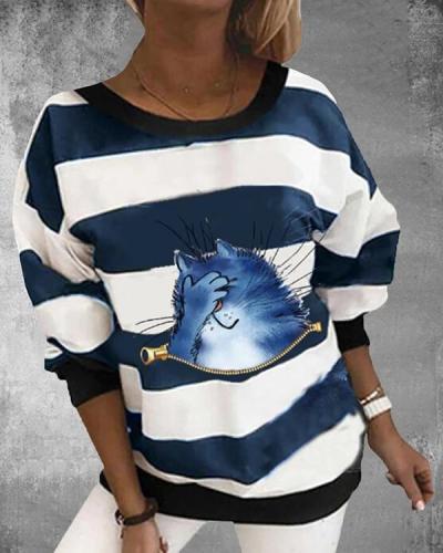 Striped Upset Cat Print Crew-Neck Long Sleeves Sweatshirt