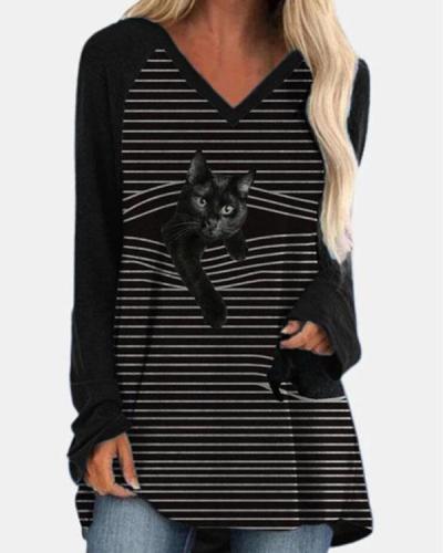 Cat Print Casual V Neck Stripe Shirts & Tops