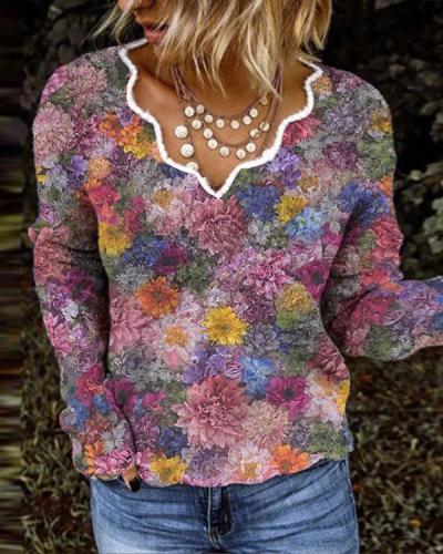 Women Autumn Floral Print V Neck Shirts&Tops
