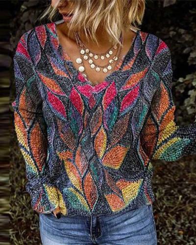 Women Colorful Leaves Print V Neck Long Sleeve Shirts&Tops