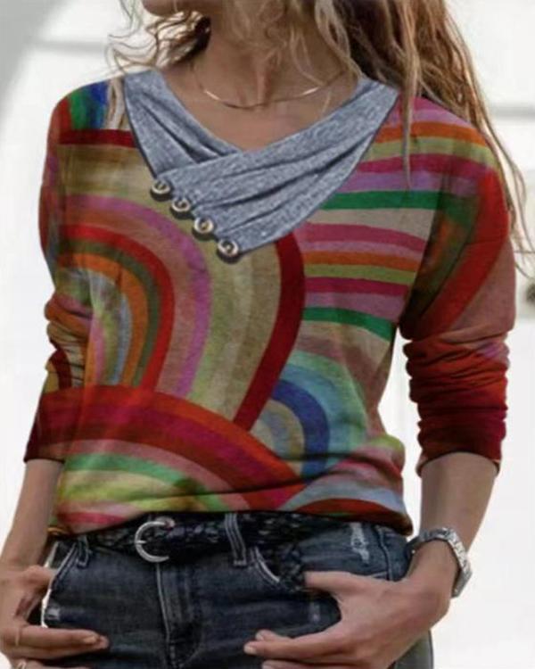 Colorful Printed Casual V-Neckline Long Sleeve Blouses