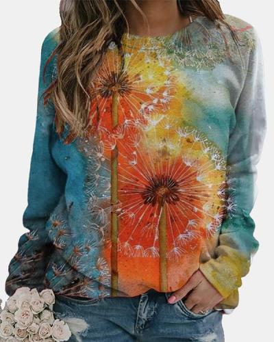 Abstract Long Sleeve Cotton-Blend Crew Neck Tops