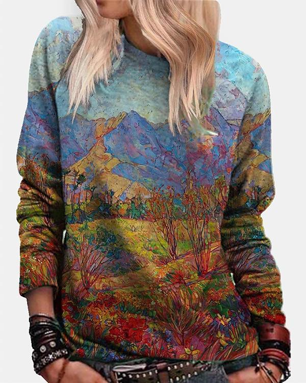 Women Landscape Art Print Crew Neck Shirts&Tops